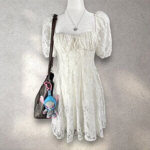 ASTR The Label Women’s S White Lace Puff Sleeve Mini Dress Coquette Cottagecore
